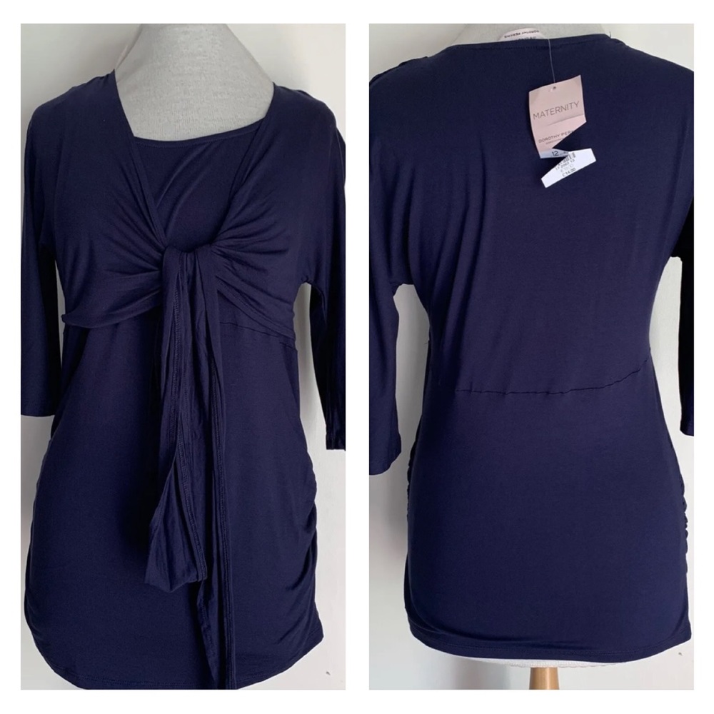 DOROTHY PERKINS Maternity Top Tie Front 3/4 Sleeves Navy Blue 2In1 UK Size 12 - Picture 1 of 11